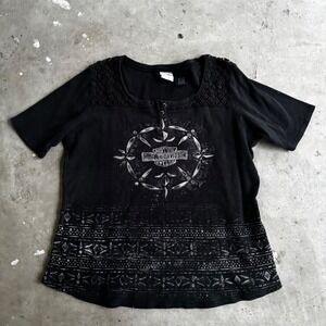 Harley-Davidson Black Graphic T-Shirt Lace Detail‎ Top Motorcycle Biker XL